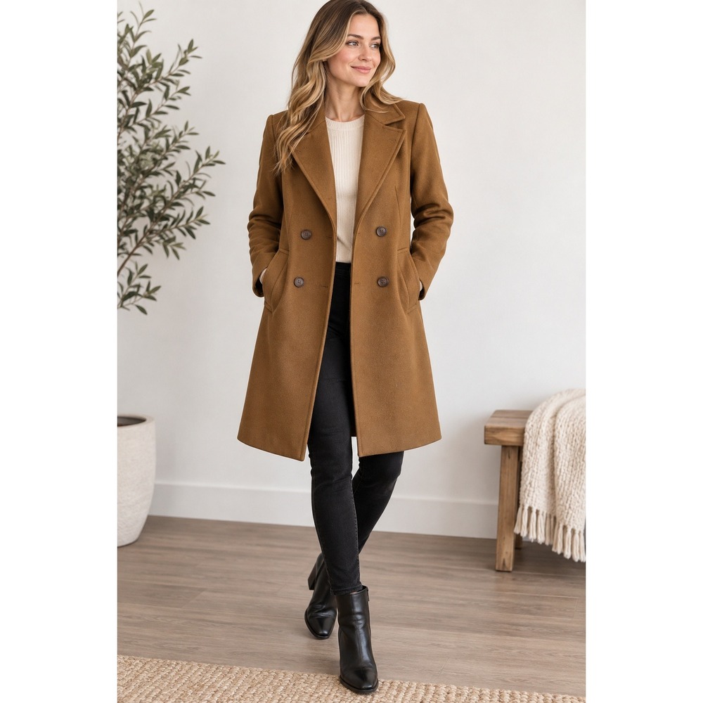 Zara Classic Women's Camel Brown Wool Blend Double Breasted Midi Coat X